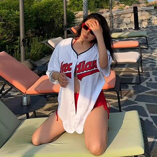 欧美式街头宽松HIPHOP红白字母数字运动短袖T恤嘻哈INS棒球服外套