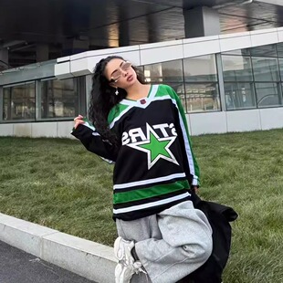 美式街头欧美黑绿色HIPHOP宽松嘻哈OVERSIZE运动星星字母球服卫衣
