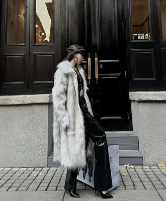 欧美大牌名媛中长款仿皮草外套