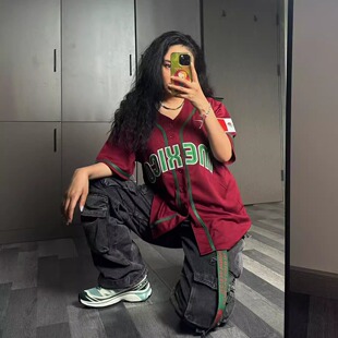 实拍撞色宽松欧美式街头HIPHOP嘻哈男女短袖棒球服外套墨西哥队