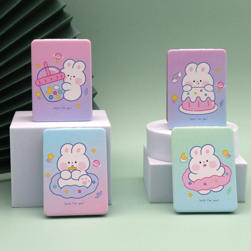 随身小镜子ins双面可折叠手持化妆镜可爱兔子方圆迷你梳妆镜学生