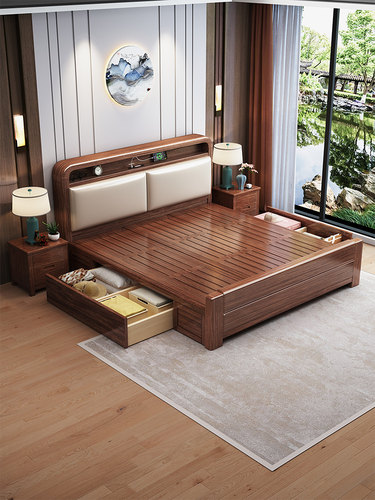 新中式胡桃木全实木床1.8米大床双人床现代简约储物主卧婚房卧室