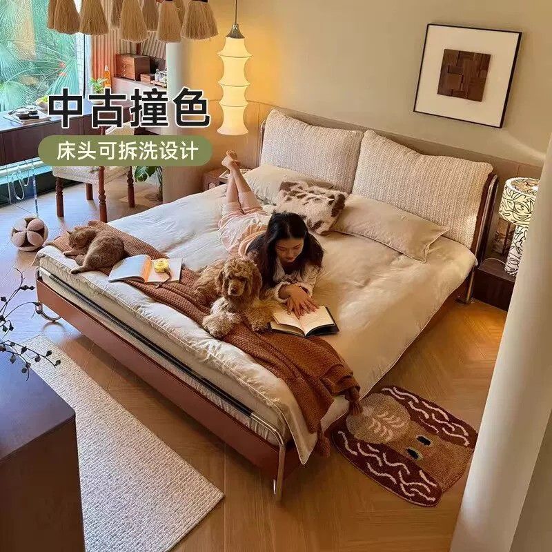 包豪斯实木布艺床大象耳朵可拆洗软包床主卧1.8米双人床中古风床