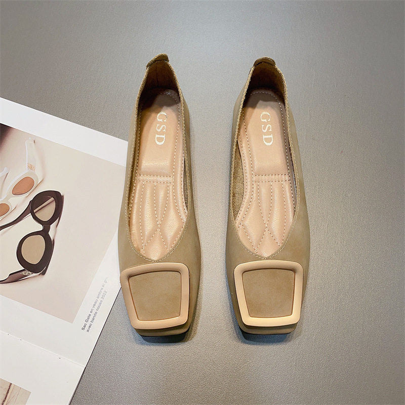 复古方头软底优雅女鞋子韩版新款简约百搭金属方扣舒适平底奶奶鞋