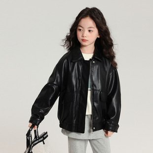 外贸布丁哈鲁童装外套女童复古质感皮夹克2025秋新款儿童帅气皮衣
