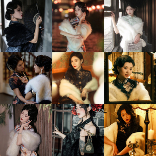 毛披肩旗袍外搭皮草毛绒民国夜上海军阀太太围脖晚宴拍照道具高端