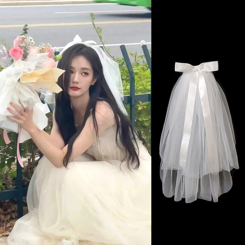 白色新娘领证登记头纱法式蓬蓬纱