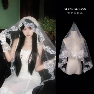 新娘头纱高级感结婚拍照道具求婚领证登记白色蓬蓬纱婚纱刺绣头饰