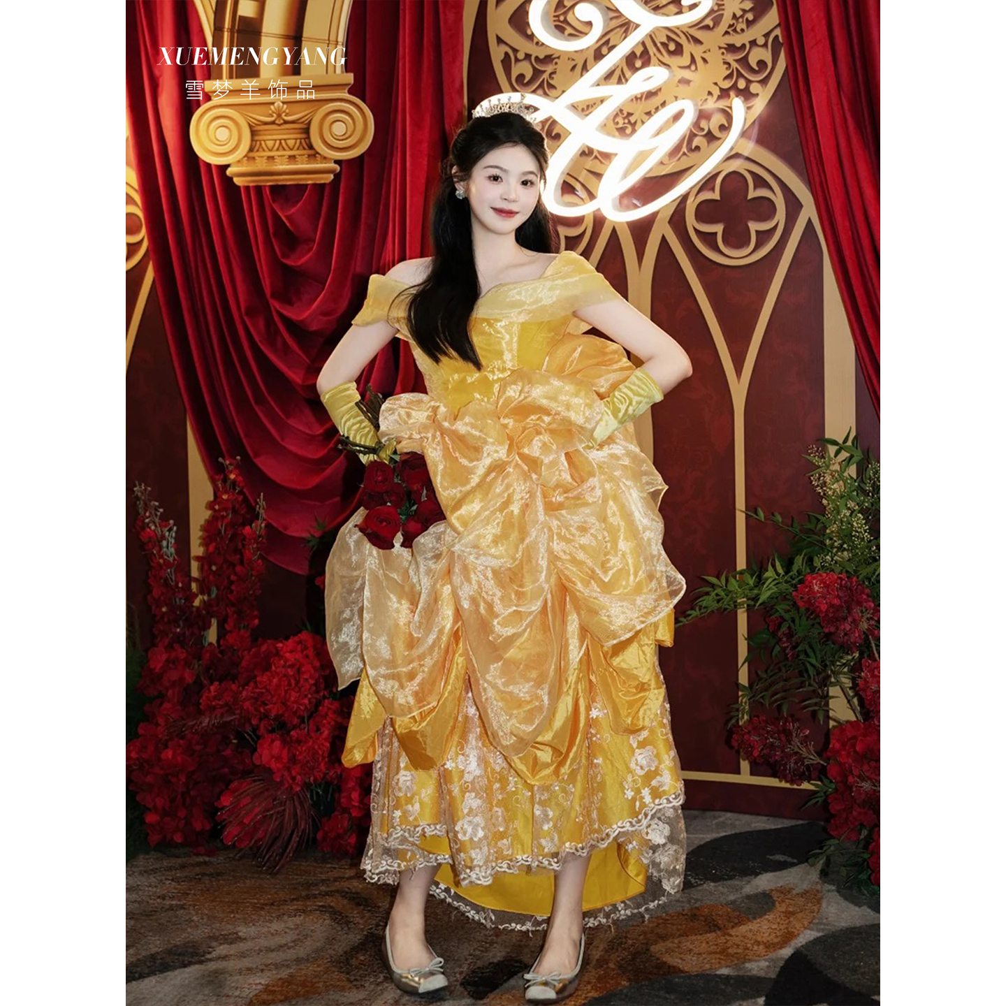 雪梦羊手套缎面黄色礼服配饰长款