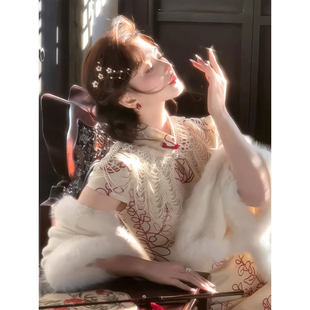 白色皮草毛绒毛披肩旗袍中式外搭民国风军阀太太婚纱礼服拍照道具