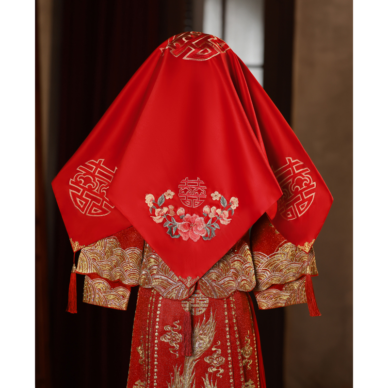 红盖头缎面刺绣新娘头巾