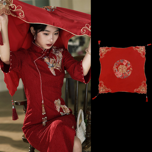 红盖头新娘中式婚礼结婚缎面刺绣蒙头巾高级感秀禾服红色出嫁头纱