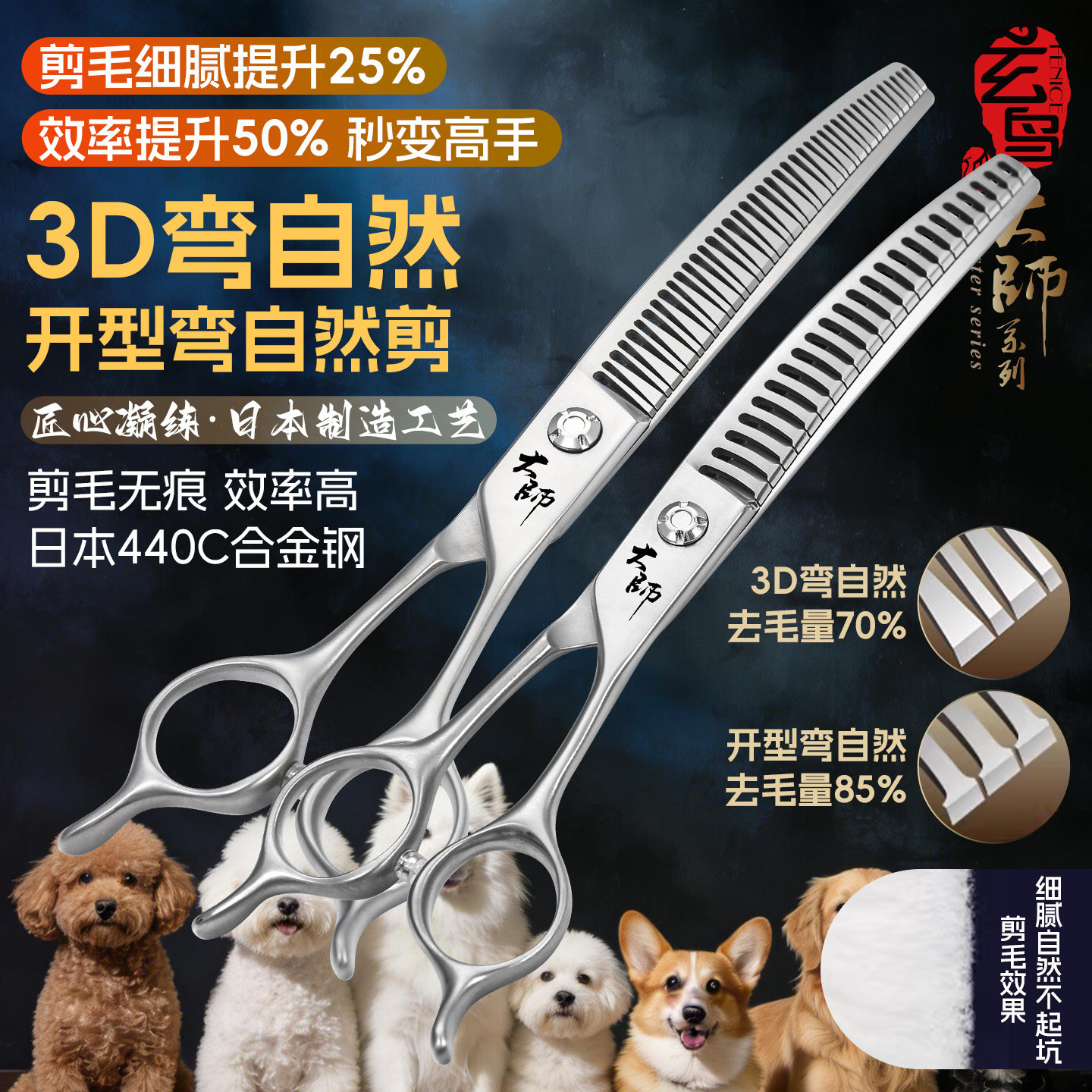 玄鸟弯自然宠物美容剪刀弯鱼骨剪开型宠物店用剪毛狗狗精修毛工具