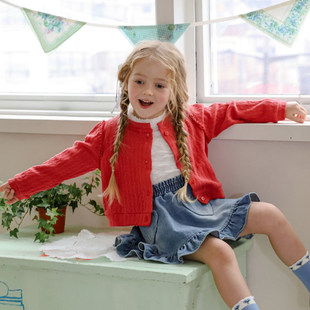 现锦小和和韩国童装儿童毛衣女款2026新款春季薄红色女童针织开衫