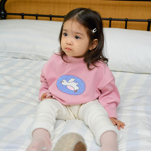 锦小和 amber韩国童装儿童半高领打底衫2025秋冬女童条纹拉绒上衣