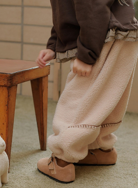 锦小和bien韩国童装儿童宽松裤子羊羔毛2025冬款女童一体绒休闲裤