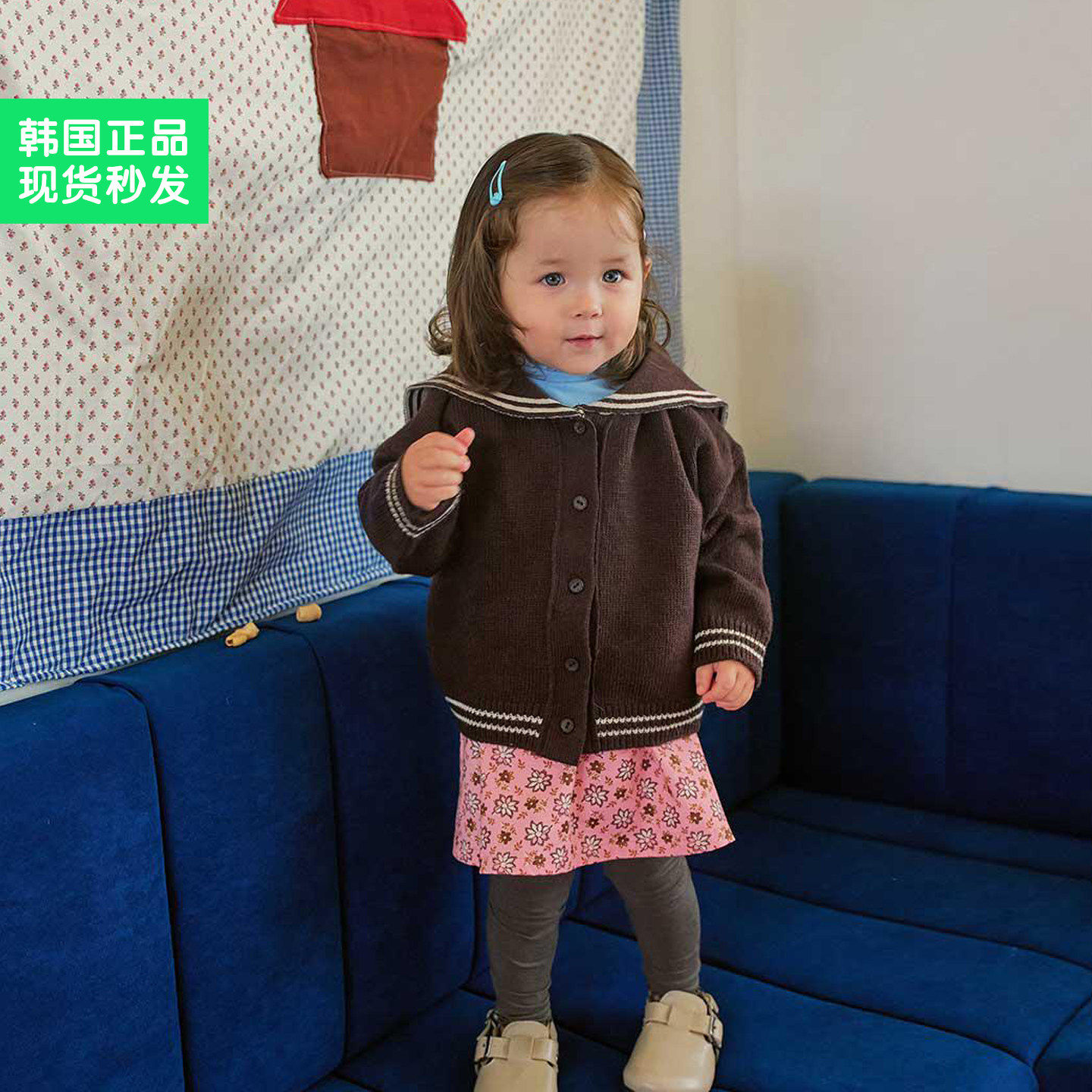 现锦小和 amber韩国童装女童外搭开衫25新款儿童秋季海军领针织衫