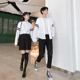白色条纹修身 学院风衬衣学生班服 衬衫 2020新款 韩版 秋季 长袖 情侣装