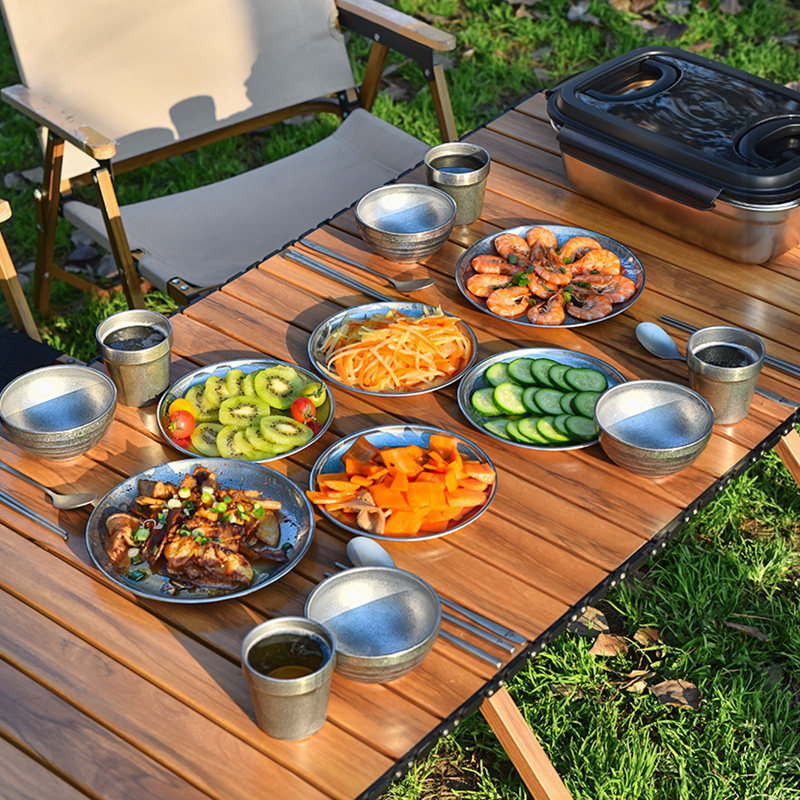 LTHW旅腾 户外餐具便携套装露营复古怀旧野餐碗盘杯筷勺304不锈钢