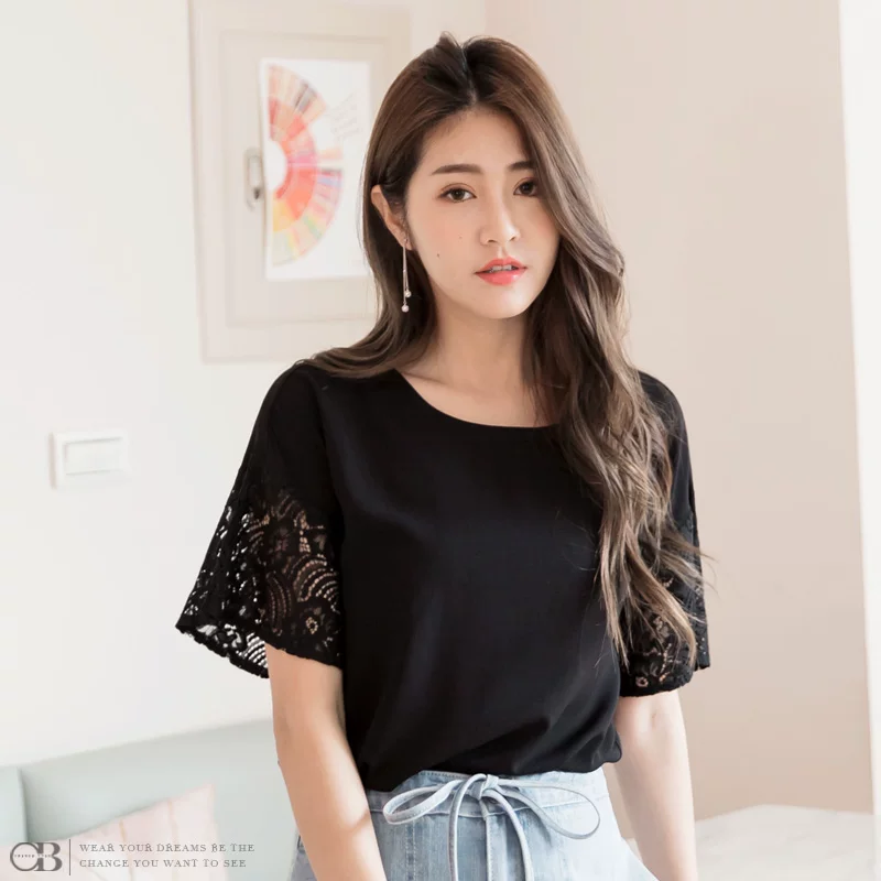Orange Bear Summer Base Shirt Elegant Hollow Lace Spliced Short Sleeve Chiffon Shirt Top Women's Large Size AB9501