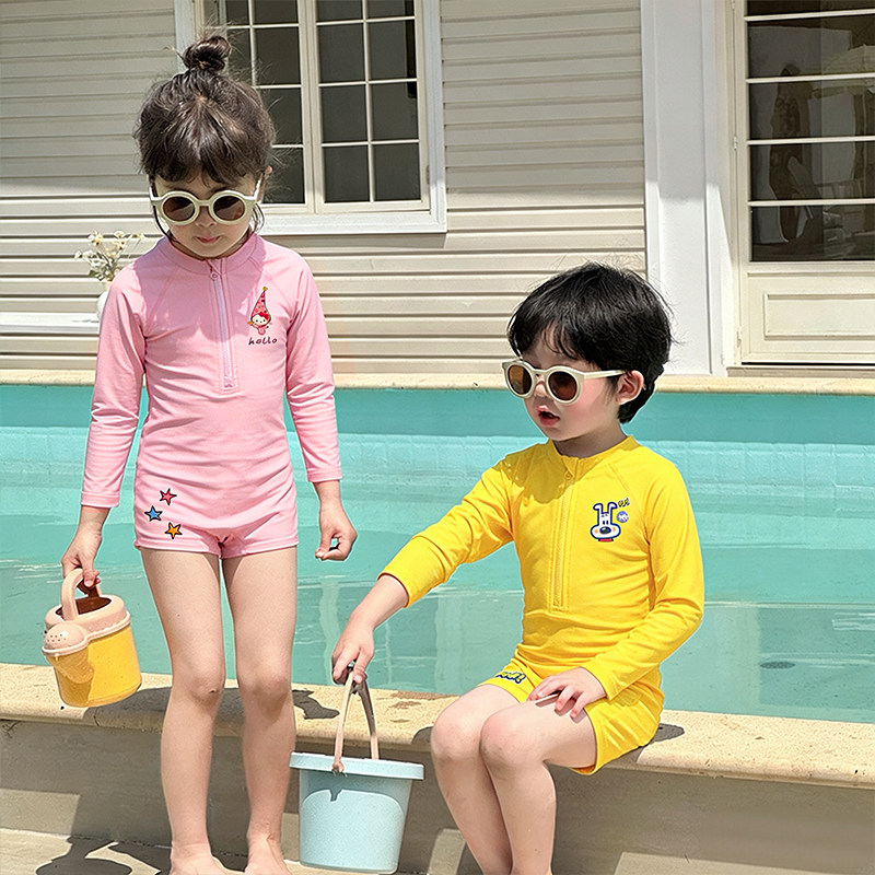 宝宝泳衣女童泳装小朋友长袖速干儿童多巴胺游泳衣女孩男宝荧光色