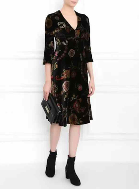 XS-S穿 ETRO 法兰绒印花洋装连衣裙 1980