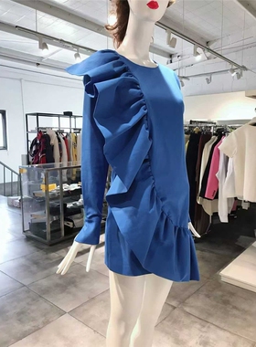 S-M穿 JIJIL 深蓝色荷叶边连衣裙 420