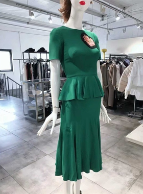 XS穿 DO GA 优雅显瘦绿色荷叶边连衣裙 3155