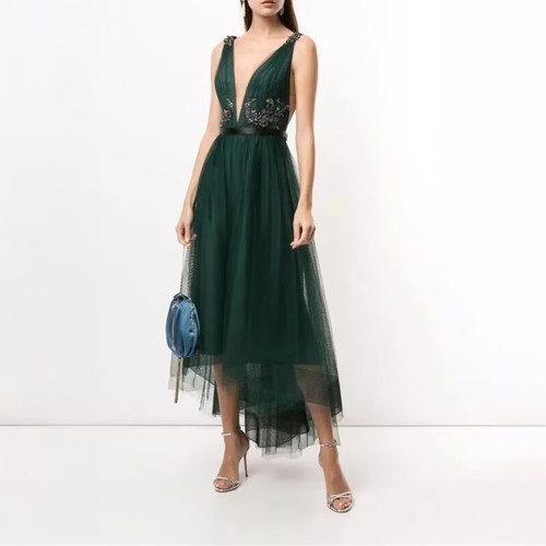 S-M穿 MARCHESA NOTTE 浪漫墨绿网纱洋装连衣裙 1750