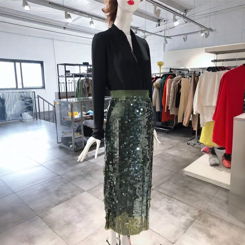M-L穿 MALIPARMI 深绿色亮片半裙 699