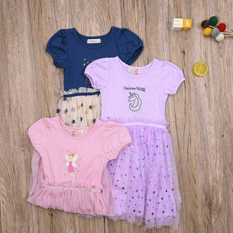 外贸欧美 女宝夏款短袖公主裙子 女童棉质连衣裙可爱甜美拼接纱裙