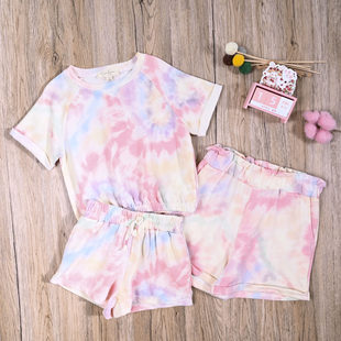 JS外贸欧美女童夏季毛圈圆领短袖上衣休闲裤短裤子中大童两件套装