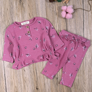 JS外贸欧美女宝春秋薄针织衫套头上衣可爱柔软休闲长裤子两件套装