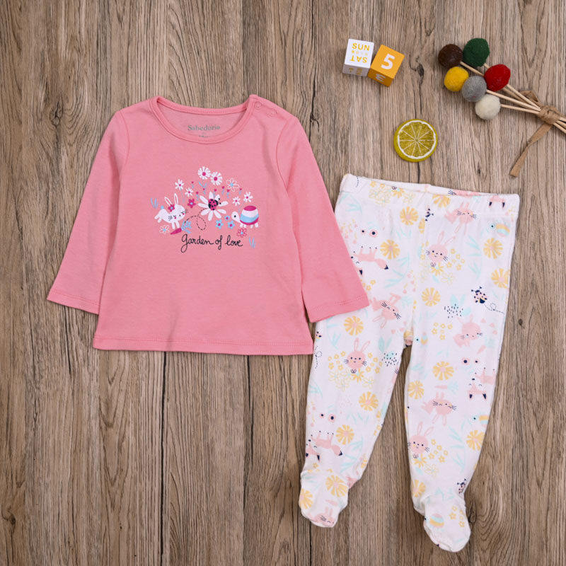 外贸欧美 女宝春秋纯棉打底长袖T恤上衣休闲包脚长裤子两件套装