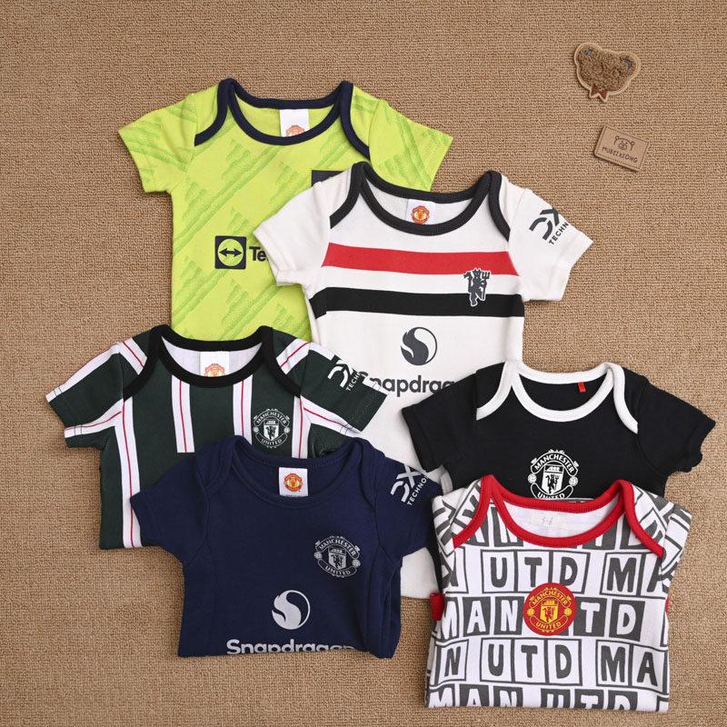 外贸欧美宝宝足球服哈衣婴儿夏季纯棉短袖三角爬服包屁衣运动队服