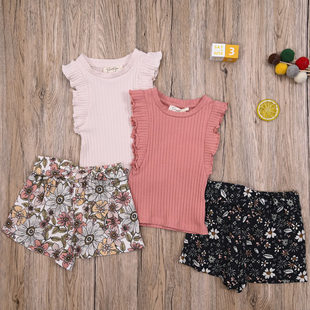 JS外贸欧美 女宝夏季纯棉飞袖T恤上衣平角裤短裤子休闲裤两件套装