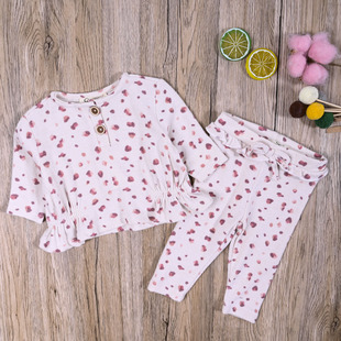 JS外贸欧美女宝春秋薄针织衫套头上衣可爱柔软休闲长裤子两件套装