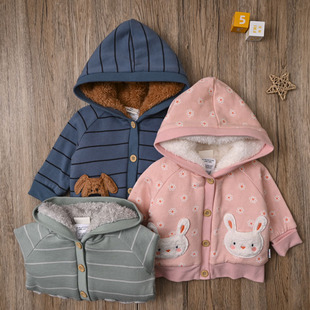 外贸欧美宝宝秋冬连帽长袖加绒厚实外套婴儿可爱保暖开衫上衣