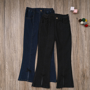外贸韩单女宝春秋牛仔裤子女童装休闲裤中大童微喇叭裤柔软长裤子
