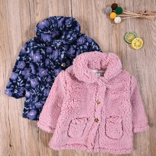 外贸欧美 女宝秋冬翻领厚实毛绒外套 女童可爱羊羔绒开衫保暖绒衫