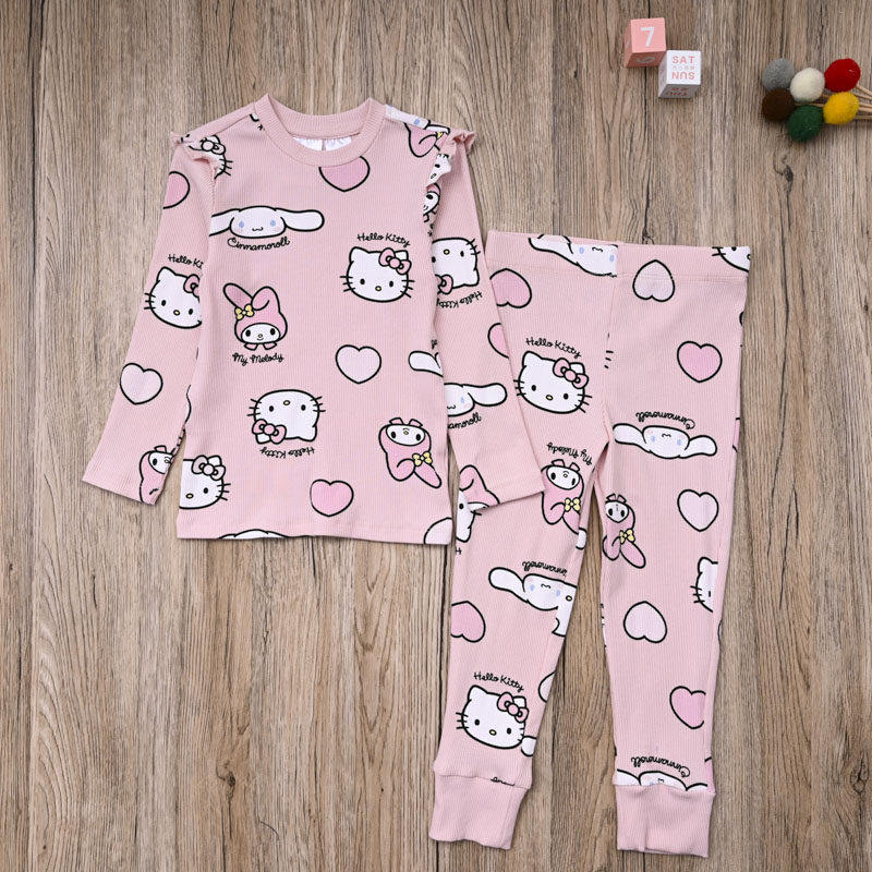 外贸欧美 女宝春秋螺纹棉上衣长袖T恤长裤子打底裤女童两件套装