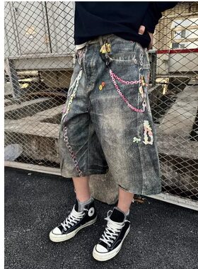 高街复古彩色印花牛仔八分裤男宽松直筒2025夏季新款美式休闲短裤