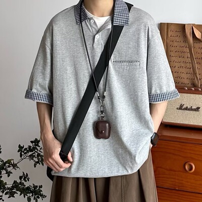 小众设计感格子翻领拼接假两件POLO衫男短袖夏季潮牌宽松半袖T恤