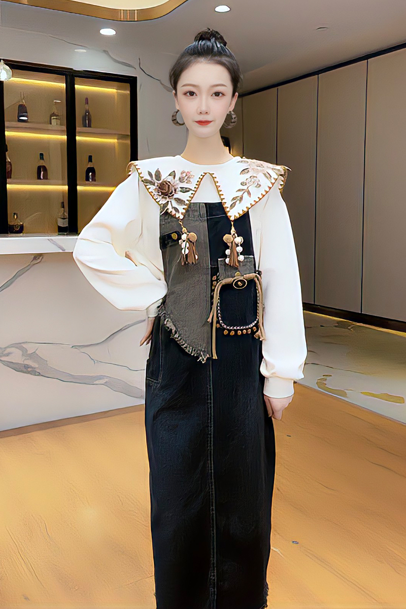 重工甜美背带长裙女秋冬新款时尚海军翻领卫衣牛仔拼色名媛连衣裙