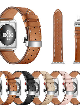 适用apple watch5表带真皮 1/2/3/4代表带苹果手表带男女潮iwatch3小牛皮蝴蝶扣Series 4腕带头层皮38MM/42MM