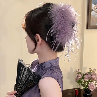 超仙羽毛流苏抓夹女2025新款高级感后脑勺盘发鲨鱼夹气质发夹头饰