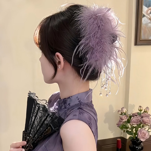 超仙羽毛流苏抓夹女2025新款