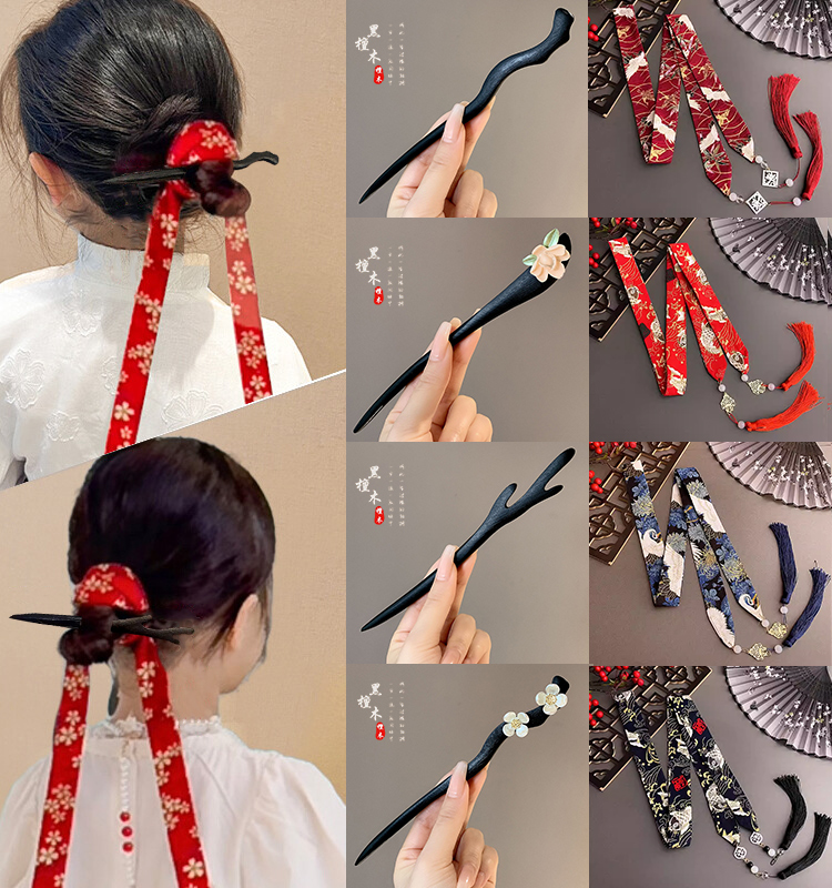 中国风儿童红色过年发带女2024年新款古风马面裙配饰新年飘带头饰