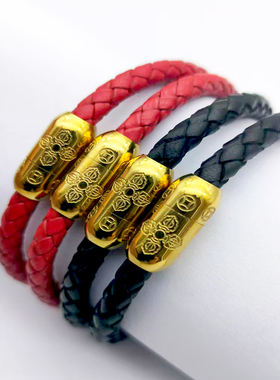 皮绳手链，不锈钢弹丸扣。