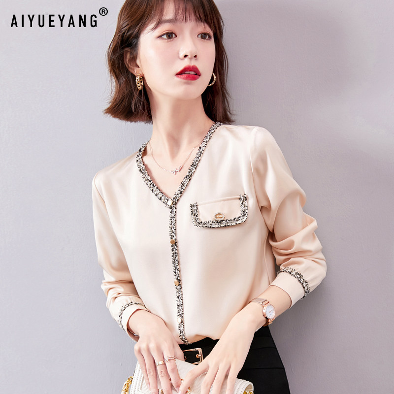 2020年秋装新款女装上衣小香风醋酸缎面洋气小衫时尚衬衣雪纺衫女